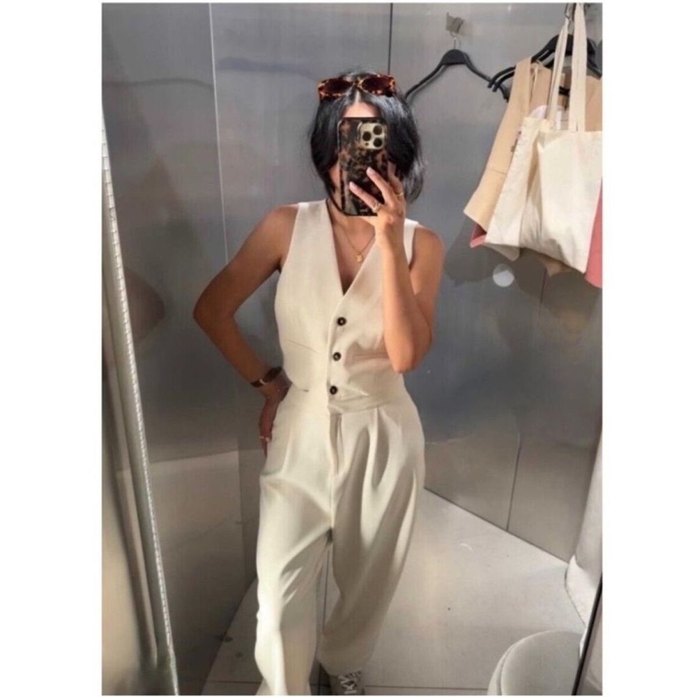 Zara Cream CUT OUT VEST JUMPSUIT Size Medium